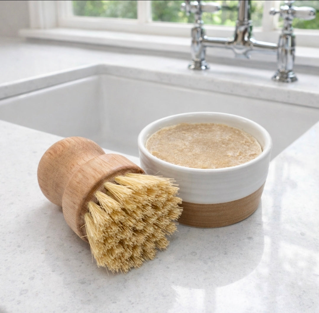 Soap Dish Bar + Bamboo Scrub Brush Set